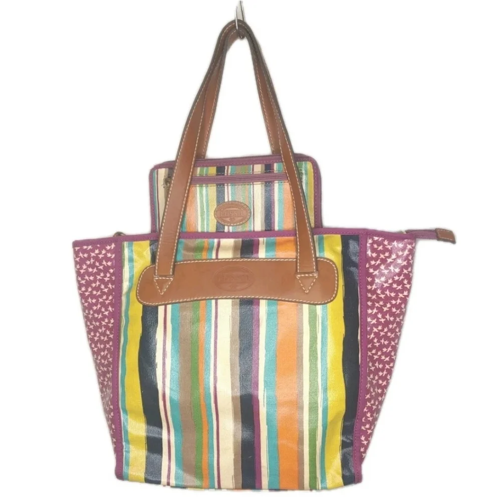 Fossil Key Per Canvas Tote Purse & Wallet Floral Striped Leather Top Handle Bag